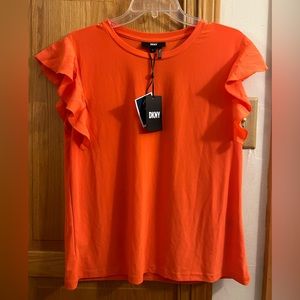 DKNY Cap/ruffle sleeve orange top. New with tags size M and XL